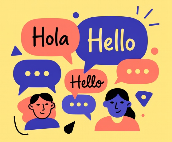 Two people having a friendly Spanish conversation, with Hola and Hello speech bubbles